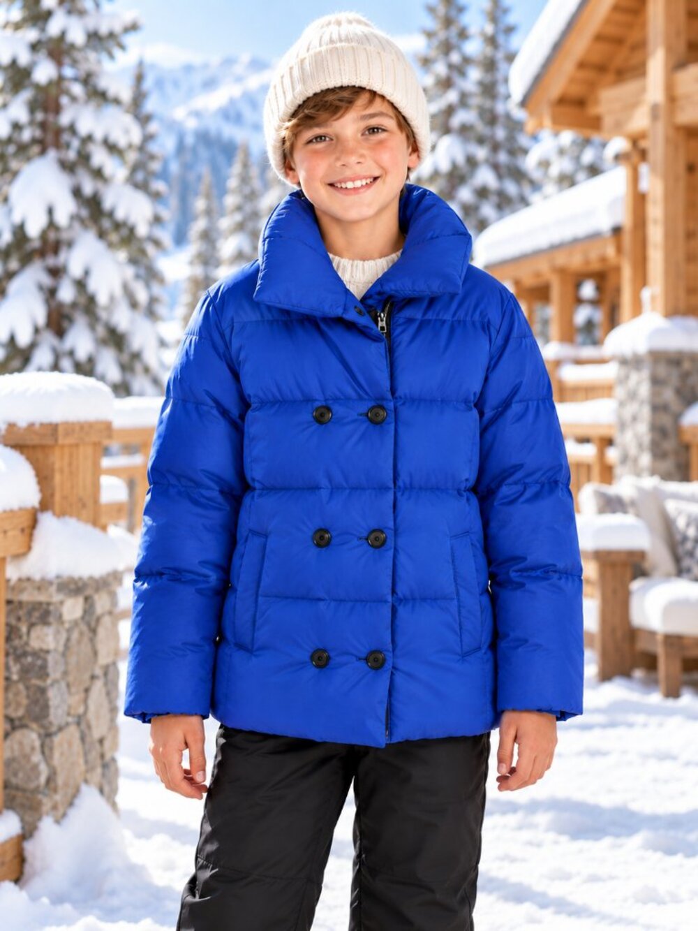 Lands End Down Puffer Coat Kids XL Royal Blue High Collar Zip Button Pea Jacket